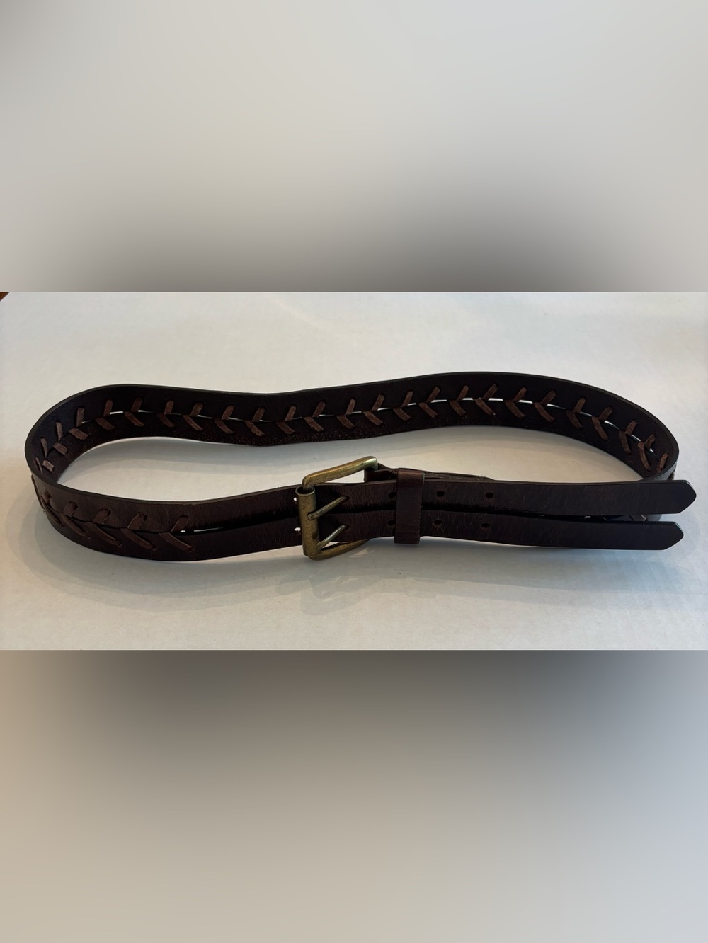 Braided Double Strap Dark Brown Leather Women's Belt with Brass Buckle Size M